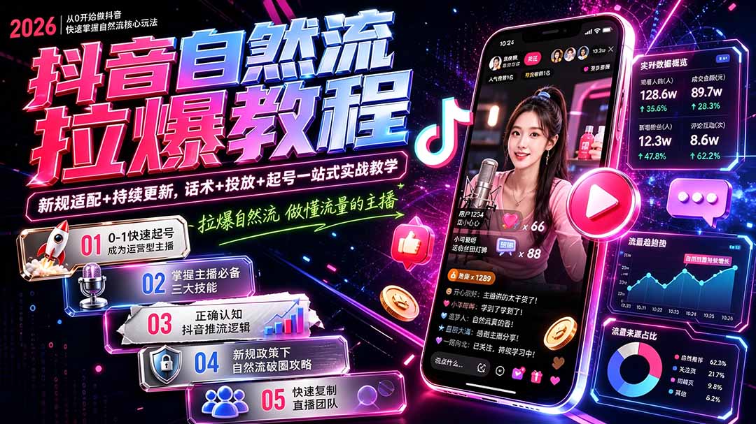 抖音自然流拉爆教程-更新8月:做懂流量的主播,新规适配+持续更新,话术+投放+起号一站式实战教学-项目汇