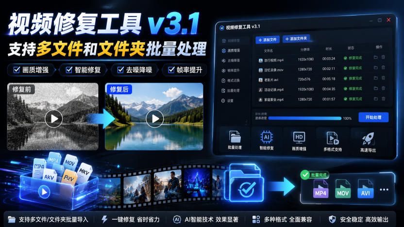 视频修复工具v3.1，支持多文件和文件夹批量处理-项目汇