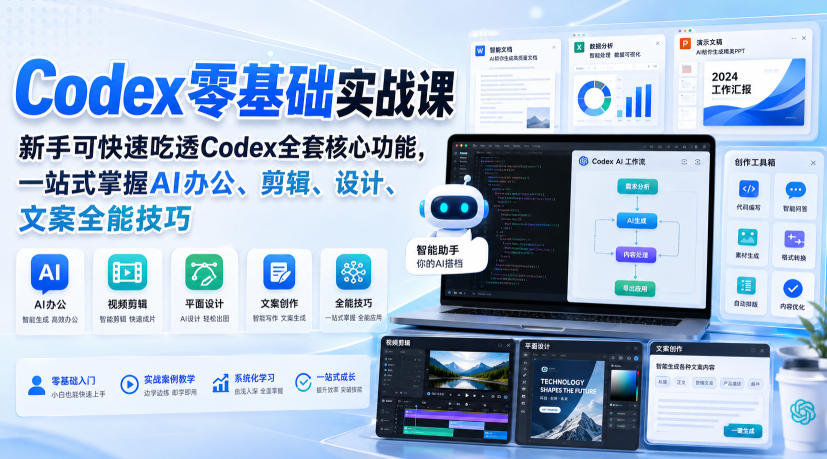 Codex零基础实战课，新手可快速吃透Codex全套核心功能，一站式掌握AI办公、剪辑、设计、文案全能技巧-项目汇