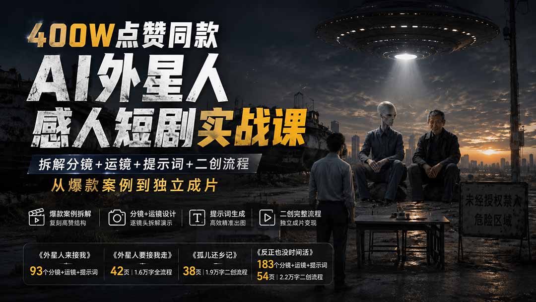 400W点赞同款AI外星人感人短剧实战课：拆解分镜+运镜+提示词+二创流程，从爆款案例到独立成片-项目汇
