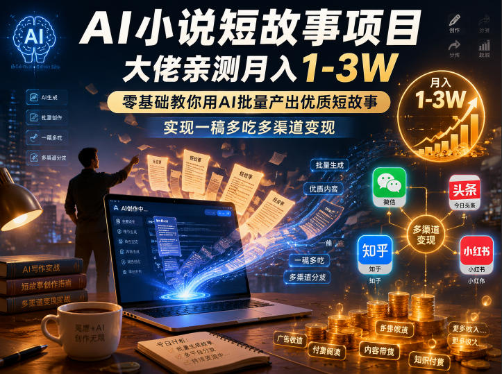 AI小说短故事项目，大佬亲测月入1-3W，零基础教你用AI批量产出优质短故事，实现一稿多吃多渠道变现(更新0824)-项目汇
