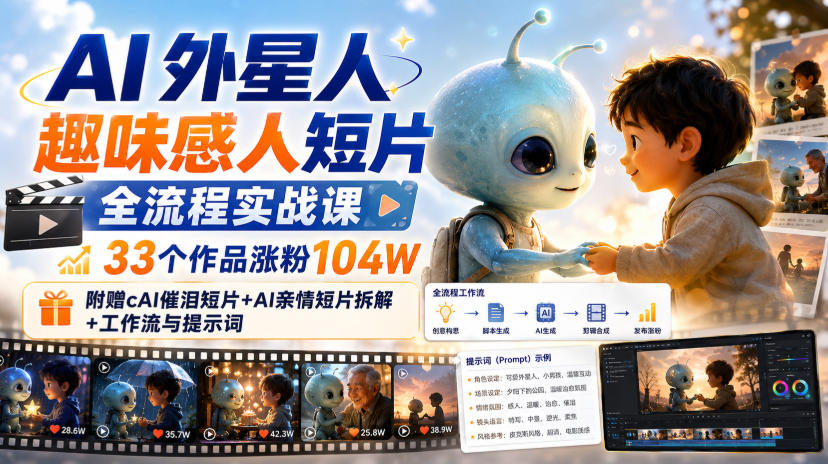 AI外星人趣味感人短片全流程实战课,33个作品涨粉104W,附赠AI催泪短片+AI亲情短片拆解+工作流与提示词-项目汇