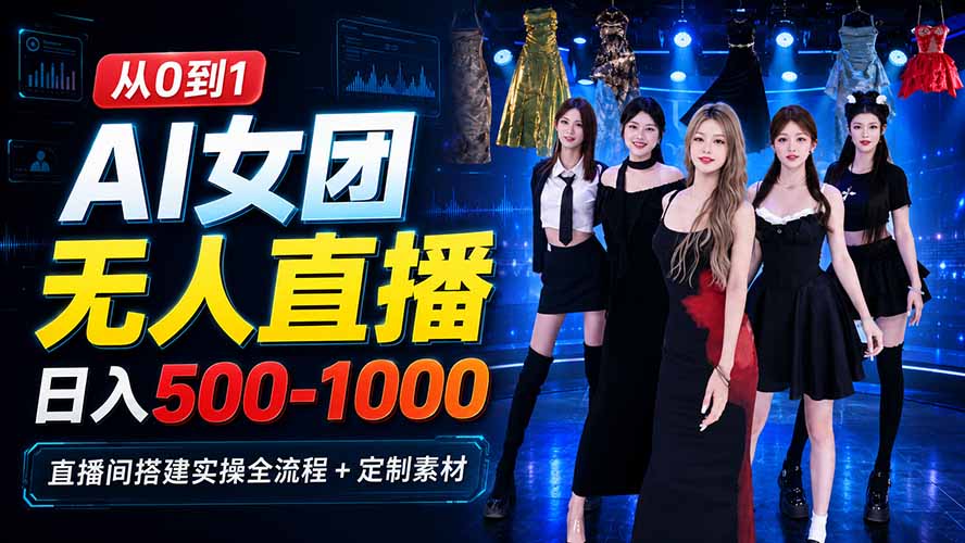 AI 女团无人直播，躺入500-1000每天，直播间搭建实操全流程+定制素材-项目汇
