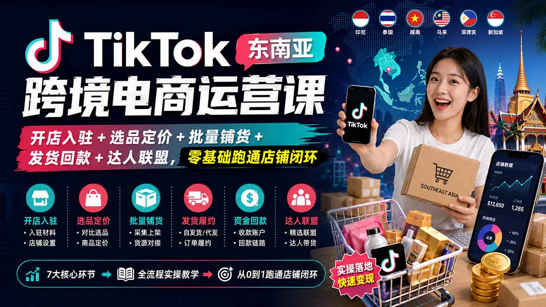 TikTok东南亚跨境电商运营课：开店入驻+选品定价+批量铺货+发货回款+达人联盟，零基础跑通店铺闭环-项目汇