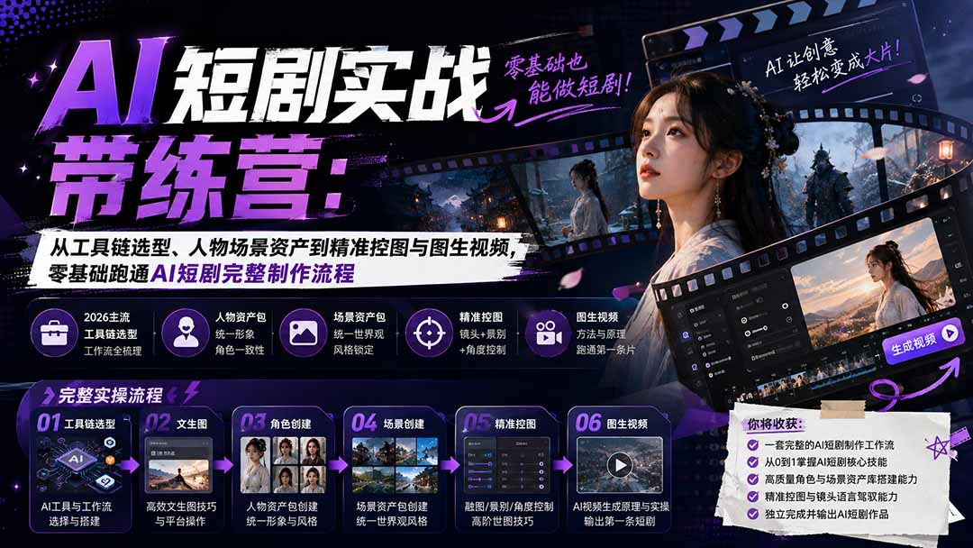 AI短剧实战训练营：从工具链选型、人物场景资产到精准控图与图生视频，零基础跑通AI短剧完整制作流程-项目汇