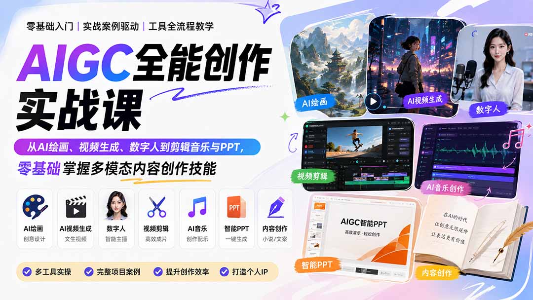 AIGC全能创作实战课:从AI绘画、视频生成、数字人到剪辑音乐与PPT,零基础掌握多模态内容创作技能-项目汇