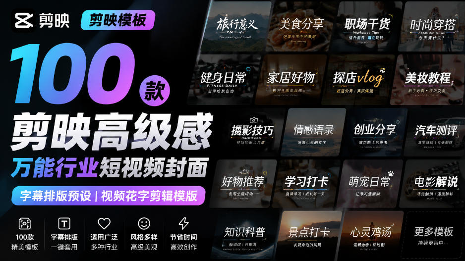 【剪映模板】100款剪映高级感万能行业短视频封面字幕排版预设视频花字剪辑模版-项目汇