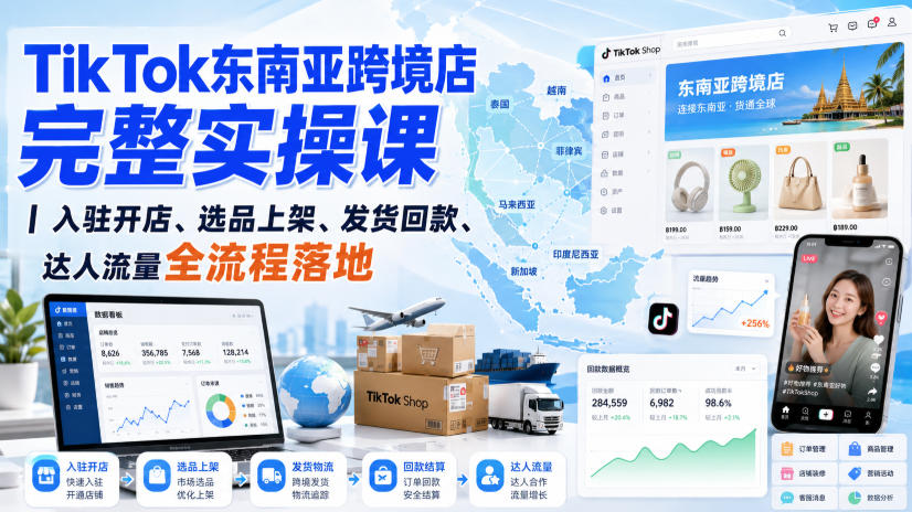 TikTok东南亚跨境店完整实操课｜入驻开店、选品上架、发货回款、达人流量全流程落地-项目汇