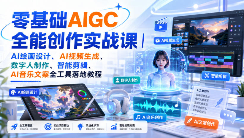零基础AIGC全能创作实战课｜AI绘画设计、AI视频生成、数字人制作、智能剪辑、AI音乐文案全工具落地教程-项目汇