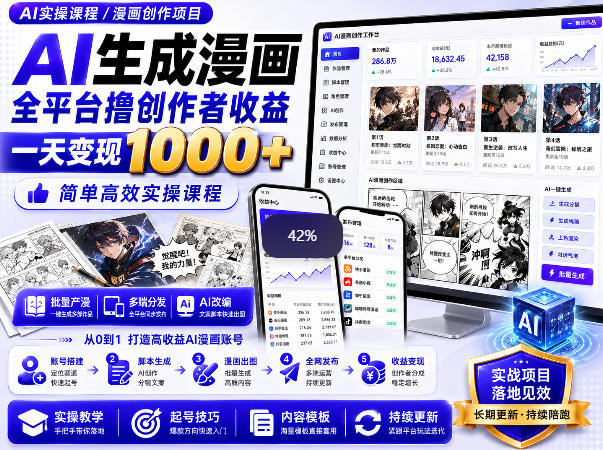 AI生成漫画全平台撸创作者收益内部课程，实操最高单日变现1k+-项目汇