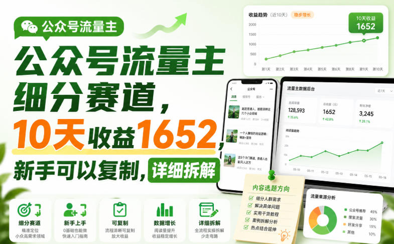 公众号流量主细分赛道，10天收益1652，新手可以复制，详细拆解-项目汇