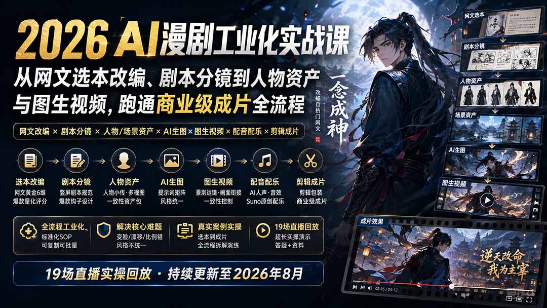 2026 AI漫剧工业化实战课-更新:从网文选本改编、剧本分镜到人物资产与图生视频,跑通商业级成片全流程-项目汇