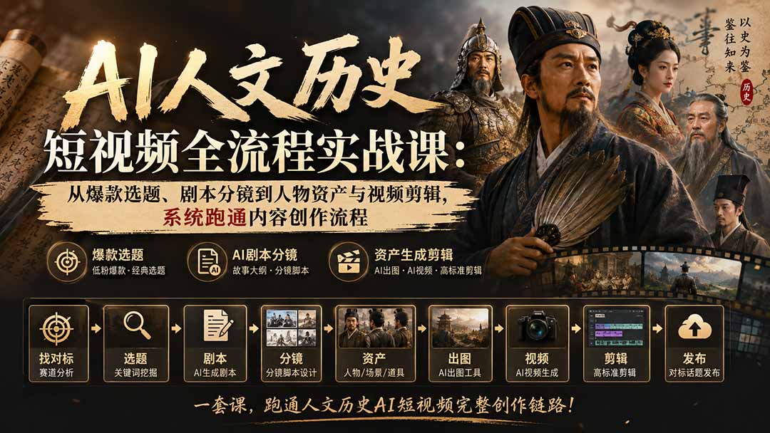 AI人文历史短视频全流程实战课：从爆款选题、剧本分镜到人物资产与视频剪辑，系统跑通内容创作流程-项目汇