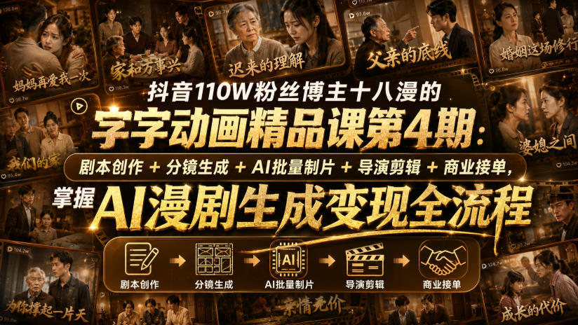 抖音110W粉丝博主十八漫的字字动画精品课第4期:剧本创作+分镜生成+剪辑+商业接单,掌握AI漫剧生成变现全流程-项目汇