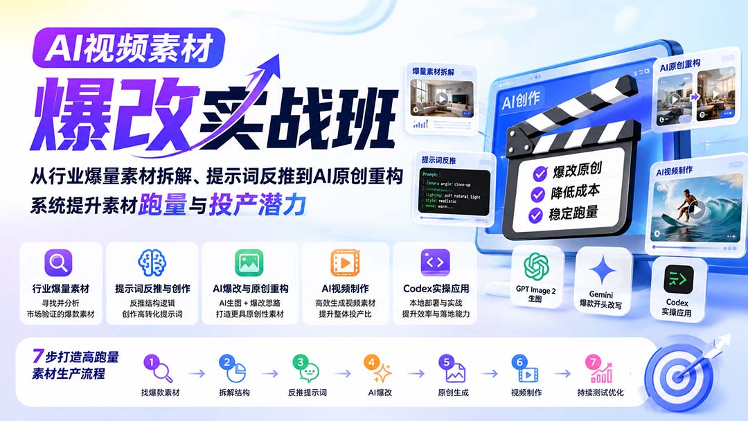 AI视频素材爆改实战班-更新8月：从行业爆量素材拆解、提示词反推到AI原创重构，系统提升素材跑量与投产潜力-项目汇
