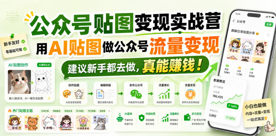 公众号贴图变现实战营,用AI贴图做公众号流量变现,建议新手都去做,真能賺钱!-项目汇