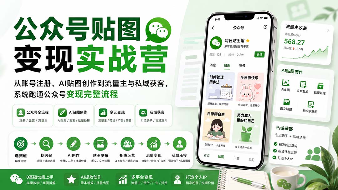 公众号贴图变现实战营:从账号注册、AI贴图创作到流量主与私域获客,系统跑通公众号变现完整流程-项目汇