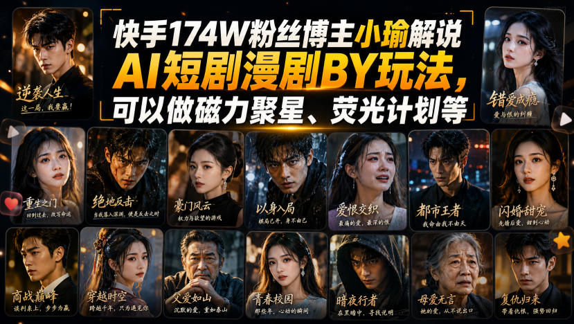 快手174W粉丝博主小瑜解说AI短剧漫剧搬运玩法，可以做磁力聚星、荧光计划等-项目汇
